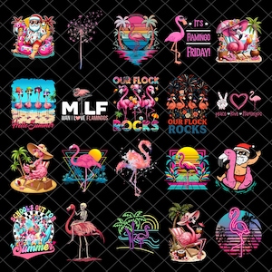 May include: A collection of flamingo-themed graphic designs. The images feature flamingos in various poses, some with sunglasses, hats, and Santa hats. Text includes "It's Flamingo Friday!", "Our Flock Rocks", "Hello Summer", and "School's Out For Summer".