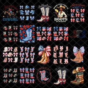 Op de afbeelding: Een verzameling Amerikaanse thema-afbeeldingen met cowboylaarzen, strikken, hoeden en de Amerikaanse vlag. De ontwerpen bevatten de woorden "Cowgirl", "Boots on the Ground", "American Girly" en "American Y'all".