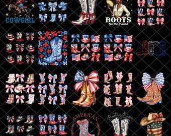 Vateritische Coquette Cowgirl Stiefel Png Bundle, Preppy 4. Juli Western Png, Cowgirl Stiefel Png, Western 4. Juli, Rot Weiß Blau USA Png