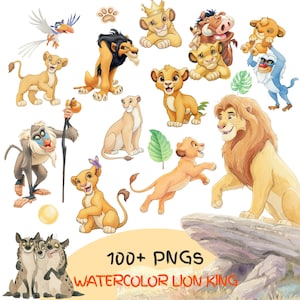 Puede incluir: Una colección de ilustraciones en acuarela con personajes de El Rey León, incluyendo leones, un mandril, un jabalí, una suricata, un cálao e hienas, con el texto 100+ PNGS WATERCOLOR LION KING mostrado en la parte inferior.