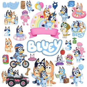 Peut inclure: Une collection d'autocollants des personnages de Bluey dans diverses poses, incluant Bluey et Bingo avec des ballons, à vélo, en voiture et en famille. L'ensemble comprend le logo Bluey, les chiffres deux et trois, ainsi que des accessoires comme un tutu rose, un os et une tomate, le tout sur un fond blanc.
