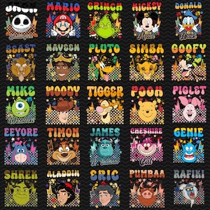 May include: A black fabric featuring a repeating grid of twenty-five colorful cartoon character heads, including Jack Skellington, Mario, Grinch, Mickey Mouse, Donald Duck, Beast, Naveen, Pluto, Simba, Goofy, Mike Wazowski, Woody, Tigger, Pooh, Piglet, Eeyore, Timon, James P. Sullivan, Cheshire Cat, Genie, Shrek, Aladdin, Eric, Pumbaa, and Rafiki, each with their name printed above.