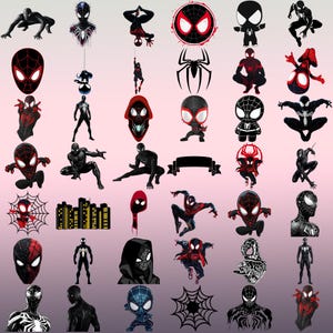 May include: A collection of various stickers featuring black and red Spider-Man characters in different poses, including full-body action stances, close-up masks, chibi-style figures, spider web icons, and a city skyline silhouette on a gradient background.
