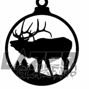 May include: Black silhouette of an elk inside a circular ornament shape. The elk has large antlers and is set against a backdrop of pine trees. The ornament has a loop at the top for hanging. The text "LAZER GLASS" is at the bottom.