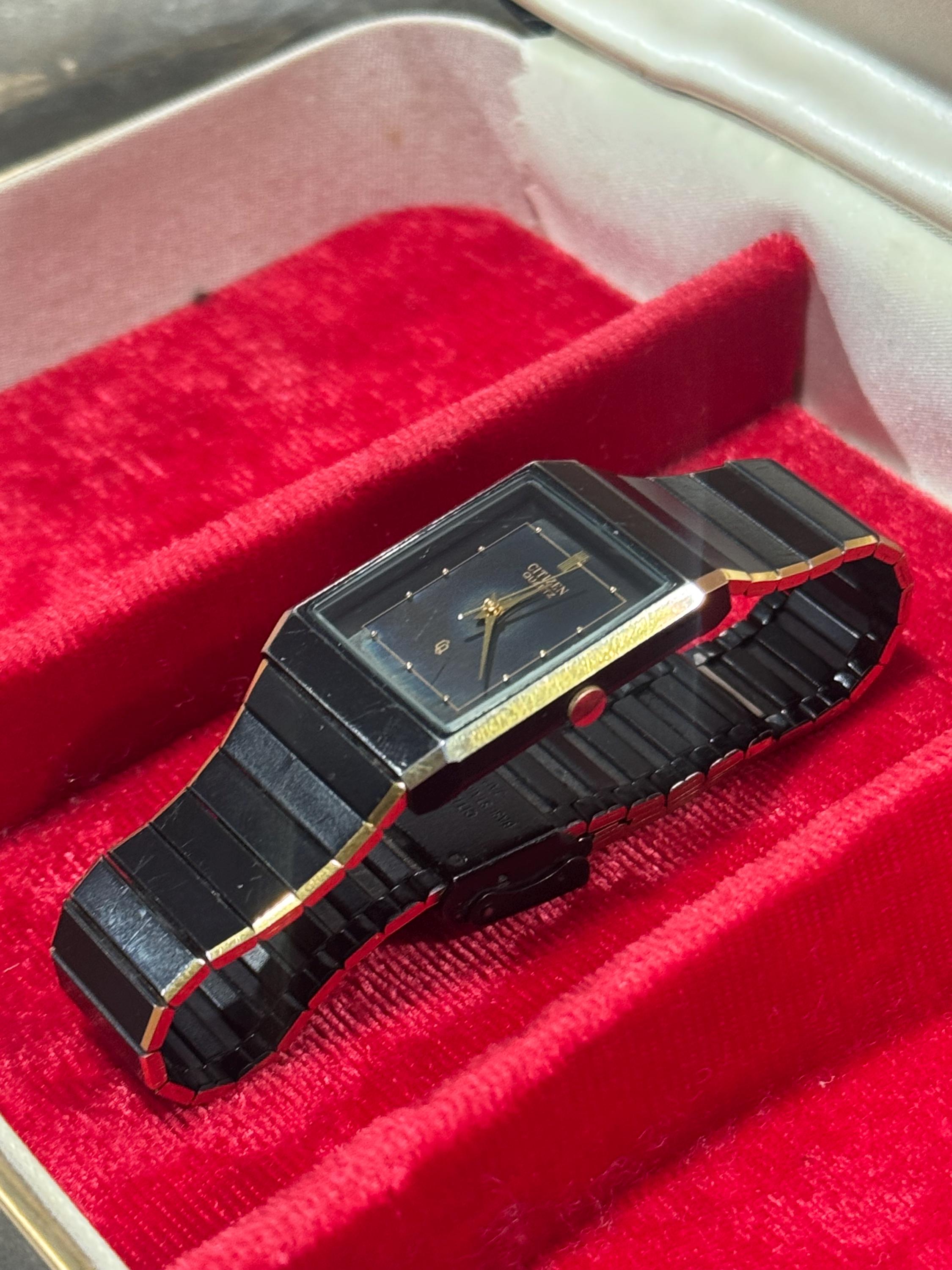 Vintage Citizen Quartz Rectangular Watch Black Dial Gold Tone