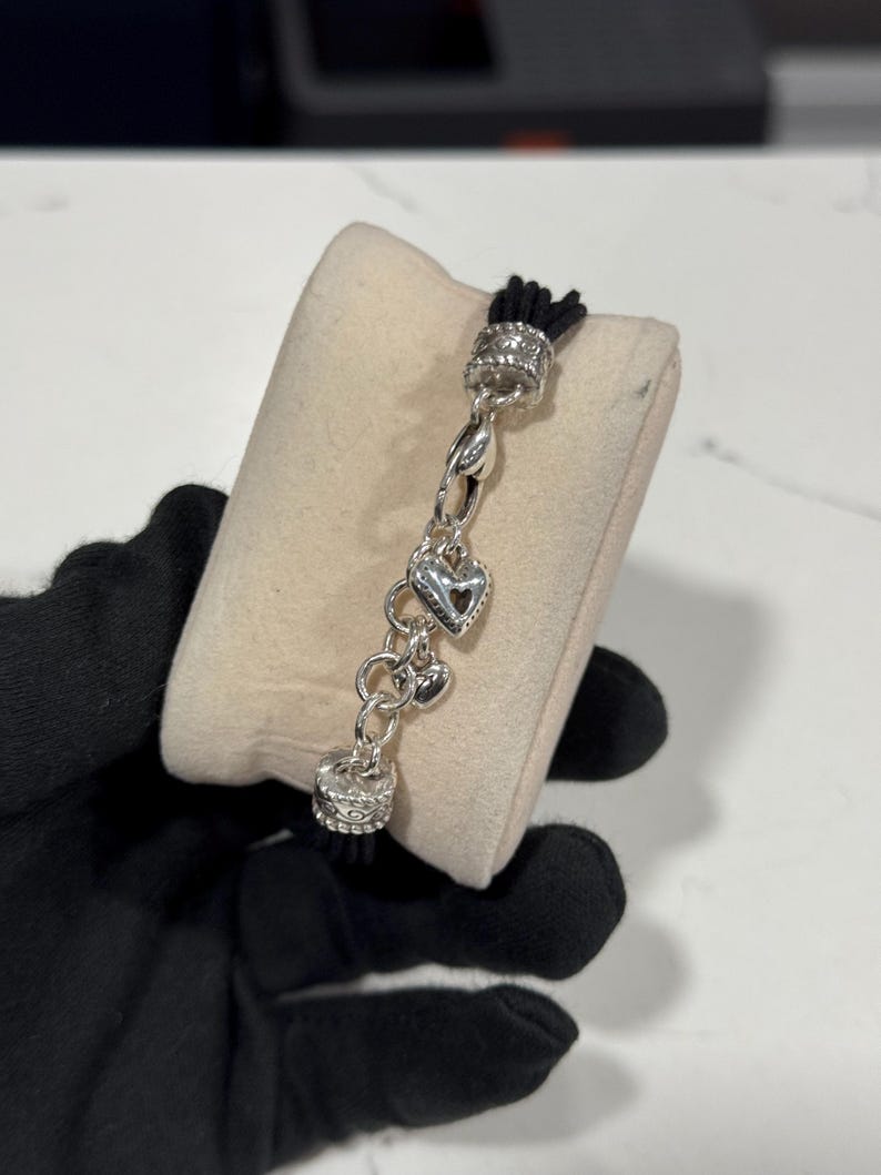 Massives Sterling Silber Brighton Herz Armband, Schwarze Kordel Designer Schmuck Bild 5