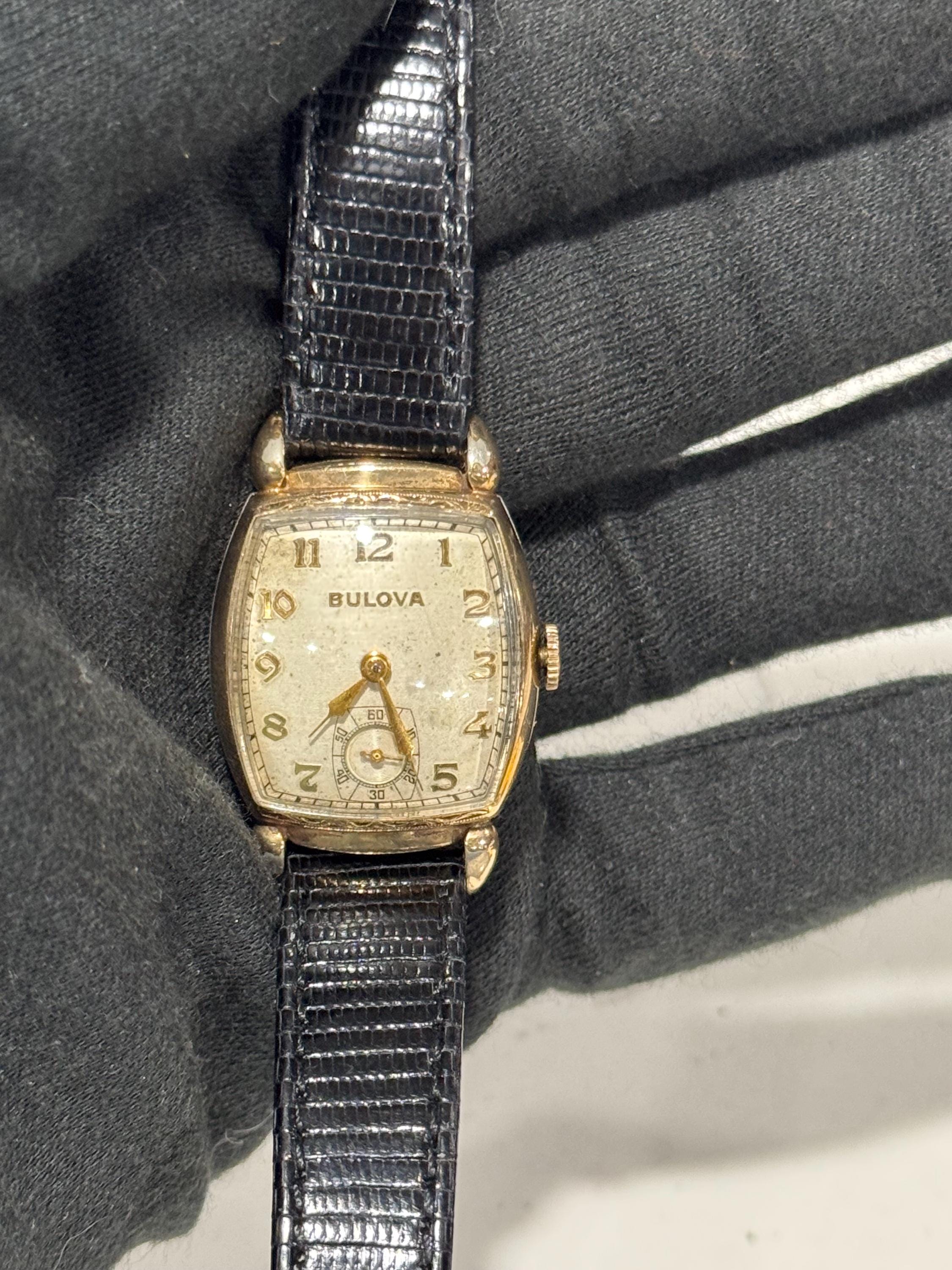 Vintage Bulova Women\'s Tank Petite Watch Black Dial Gold Plated Leather Strap Vintage Bulova Watch Women Gold Tone 1980s Black Leather  main image 2