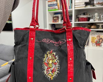 Ed Hardy Meerjungfrau Tattoo Tote Bag Schwarz Rot Y2K 2000s