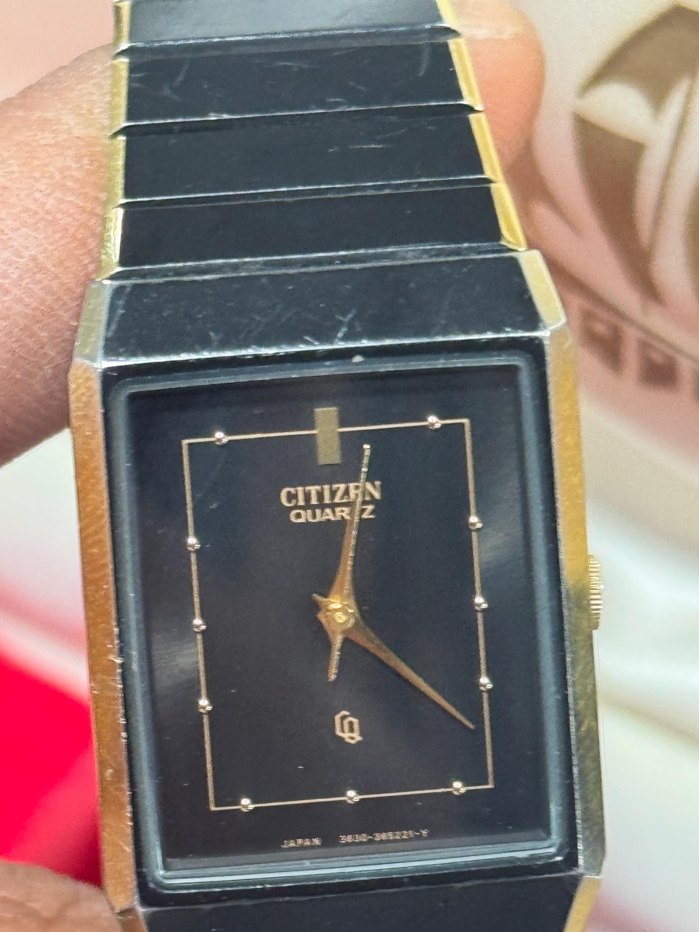 Vintage Citizen Quartz Rectangular Watch Black Dial Gold Tone