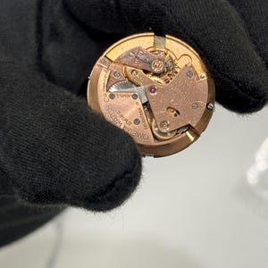 May include: Close-up of a watch movement with intricate gears and components. The watch mechanism is gold-toned with visible jewels and the text "OMEGA WATCH CO SWISS". The watch movement is held by a black gloved hand.