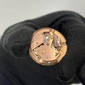 May include: A detailed view of a gold-coloured watch movement, showcasing the internal gears and mechanisms. The watch component is stamped with "OMEGA WATCH CO SWISS" and "SEVENTEEN 17 JEWELS". The image is set against a plain backdrop.