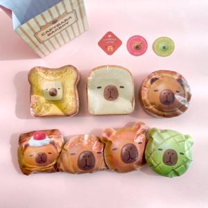 May include: A collection of seven squishy capybara-themed bread toys in clear plastic packaging, including toast, buns, and pastries. A striped paper bag labeled CAPYBARA BAKERY and three small circular and diamond-shaped stickers are included.