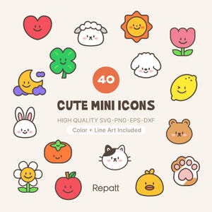 Könnte beinhalten: Eine Sammlung von 40 bunten Mini-Icons mit verschiedenen Charakteren und Objekten, darunter ein Herz, ein Schaf, eine Sonne, eine Blume, ein Kleeblatt, ein Mond, eine Zitrone, ein Hase, ein Bär, eine Katze, eine Kaki, ein Apfel, ein Küken und eine Pfote.