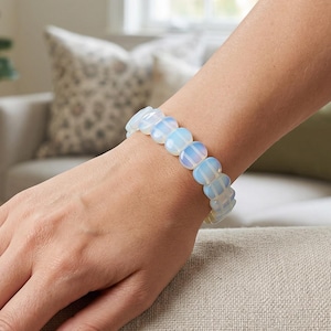 Opalite Bracelet, Iridescent Milky Beads with Blue Flash, Calm Energy Jewellery, Simple Stack Bracelet, Thoughtful Gift for Her Daily
