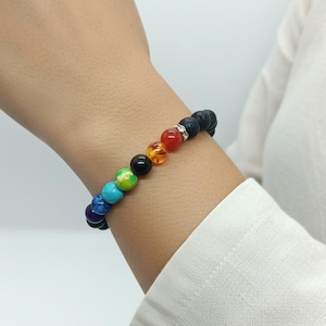 Aromatherapy Lava Stone Chakra Bracelet, Essential Oil Diffuser Beads with Colorful Gemstones, Stretch Yoga Jewellery, Grounding Gift Idea