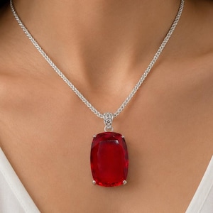 Red Ruby Necklace 90-100 Ct Cushion Cut, Glam Red Pendant Necklace With Decorative Top Bail, Special Occasion Jewellery For Parties Weddings