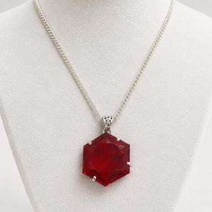 Red Ruby Pendant Necklace 90-100 Ct, Wine Red Hexagon Faceted Stone Pendant With Silver Tone Bail, Special Occasion Gift Jewellery