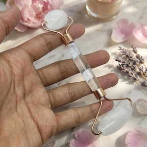 Clear Quartz Facial Roller | Dual End Crystal Face Massager with Rose Gold Frame | Cooling Depuff Tool, Bright Glow Routine, Gift Ready
