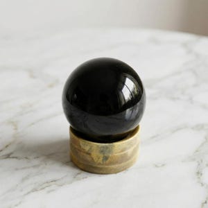 Black Tourmaline Sphere With Wooden Holder | Powerful Protective Crystal Ball | Meditation Focus Tool | Modern Shelf Decor | Gift Idea