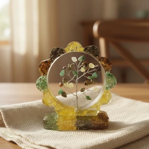 Könnte beinhalten: Eine dekorative Baumskulptur mit einem transparenten kreisförmigen Mittelteil und einem farbenfrohen, strukturierten Rahmen. Der Baum hat einen silbernen Drahtstamm und Äste, die mit grünen, gelben und braunen Steinen verziert sind. Der Rahmen hat einen gezackten Rand.