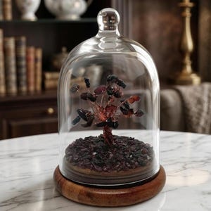 Garnet Crystal Tree Cloche Decor | Deep Red Gemstone Bonsai with Wood Base for Desk Styling | Meditation Decor | Unique Gift for Friend