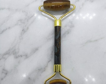 Tiger’s Eye Facial Roller | Dual End Face Massager with Gold Tone Frame | Glow Routine Tool, Depuff Assist, Grounding Crystal Beauty Gift
