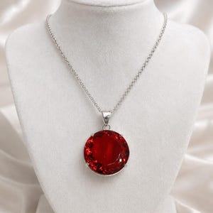 Red Ruby Round Cut Pendant Necklace 90-100 CT, Circular Ruby Red Statement Pendant In Silver Tone Prong Mount, Birthday Gift Necklace