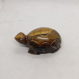 Könnte beinhalten: Kleine, geschnitzte Schildkrötenfigur aus Tigeraugen-Edelstein. Die Schildkröte hat einen abgerundeten Panzer mit detaillierten Markierungen sowie einen kleinen Kopf und Beine. Der Edelstein hat eine Mischung aus braunen und goldenen Farben.