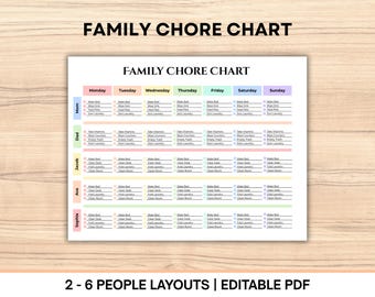 May include: A printable family chore chart with the text "FAMILY CHORE CHART" at the top. The chart is divided into days of the week and includes spaces for each family member to list their chores. The bottom of the chart reads "2 - 6 PEOPLE LAYOUTS | EDITABLE PDF".