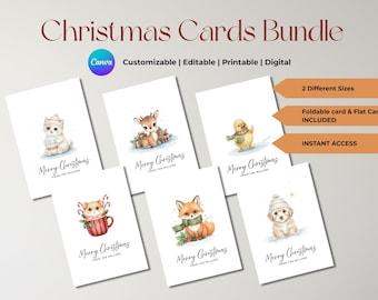 Tarjeta navideña imprimible Canva editable personalizable descarga digital paquete de animales tarjetas de felicitación navideñas conjunto de 6 plantillas festivas instantáneas