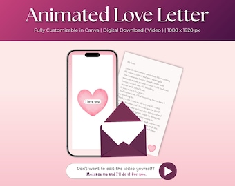 Plantilla de Canva de carta de amor animada editable: regalo romántico en video para él o ella. Nota de amor digital para aniversario, San Valentín o boda.