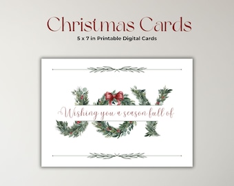 Juego de tarjetas navideñas imprimibles con acuarela botánica, temática de alegría, 5x7, planas, plegables, descarga digital instantánea en PDF.