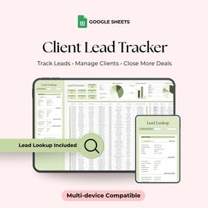 Puede incluir: Un rastreador digital de clientes potenciales que se muestra en una tableta y un teléfono inteligente. La interfaz es de color verde claro y blanco, con gráficos y tablas de datos. El texto incluye "Client Lead Tracker".