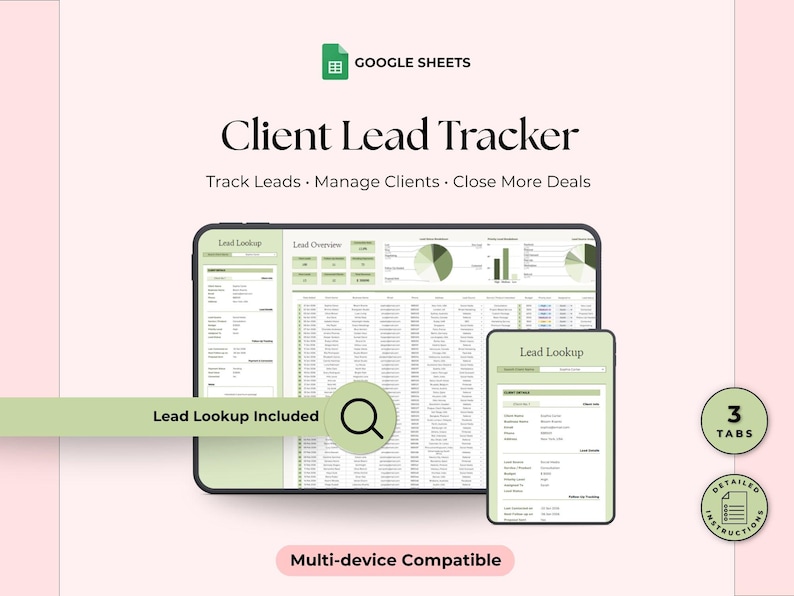 Op de afbeelding: Een digitale client lead tracker weergegeven op een tablet en smartphone. De interface is lichtgroen en wit, met grafieken en gegevenstabellen. Tekst omvat "Client Lead Tracker" en "Track Leads, Manage Clients, Close More Deals."