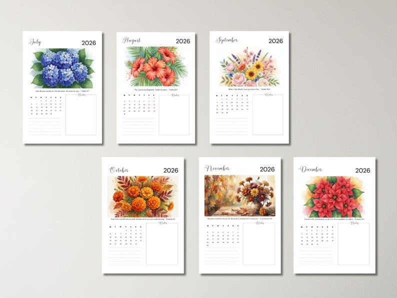 Printable 2026 Monthly Calendar Watercolor Floral Design A5 A6 Sunday ...