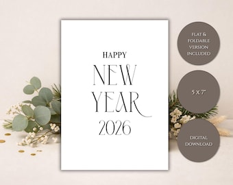 Tarjeta de Año Nuevo imprimible, diseño minimalista, 5x7, plana y plegable, sencilla, elegante, moderna, tarjeta de felicitación de Año Nuevo, descarga digital instantánea.