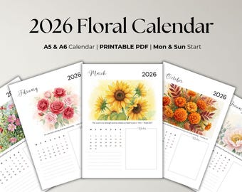 Calendario mensual imprimible 2026 con diseño floral de acuarela, tamaño A5, A6, domingo, lunes, inicio con o sin versículo bíblico, descarga instantánea.