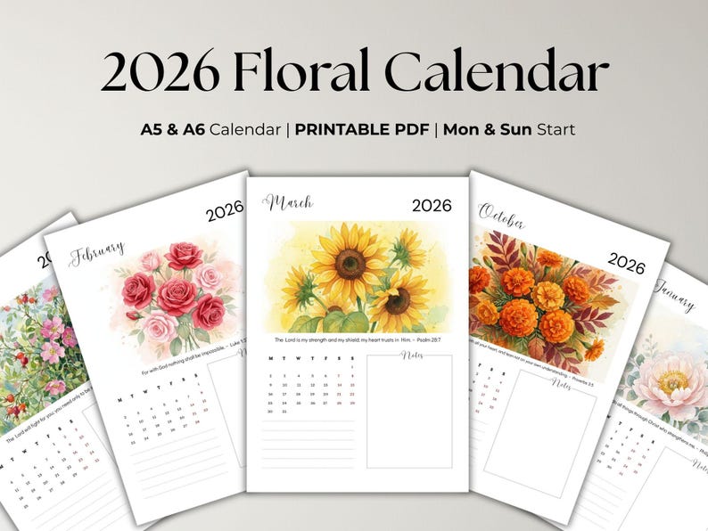 Printable 2026 Monthly Calendar Watercolor Floral Design A5 A6 Sunday ...