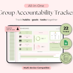 Könnte beinhalten: Ein digitaler Gruppen-Accountability-Tracker, der auf einem Tablet angezeigt wird. Die Oberfläche enthält Abschnitte zur Verfolgung von Gewohnheiten, Zielen und Aufgaben. Das Design ist in Grün- und Weißtönen gehalten, mit dem Text "All-in-One Group Accountability Tracker".