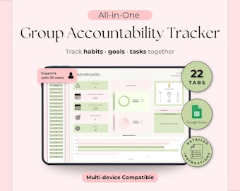 Seguimiento de responsabilidad en grupos pequeños para Hojas de cálculo de Google. Seguimiento de hábitos y objetivos para equipos, entrenadores y amigos. Seguimiento de hasta 20 usuarios. Descarga digital.
