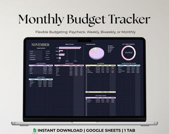 Planificador de presupuesto mensual de Google Sheets, hoja de cálculo, cheque de pago quincenal, seguimiento de gastos, plantilla digital de finanzas simples, panel oscuro