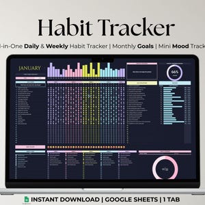 May include: A laptop displays a digital habit tracker with the title "Habit Tracker." The screen shows a calendar layout with sections for daily and weekly habits, monthly goals, and a mood tracker. The design incorporates pastel colors and the text "INSTANT DOWNLOAD | GOOGLE SHEETS | 1 TAB."
