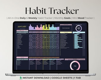 Hoja de cálculo de seguimiento de hábitos de Google Sheets, planificador diario, semanal y mensual, seguimiento del estado de ánimo, lista de tareas rutinarias, plantilla digital en modo oscuro.