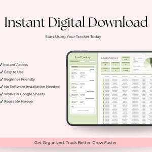 Op de afbeelding: Digitale downloadafbeelding met de tekst "Directe digitale download" en "Begin vandaag nog met het gebruiken van uw tracker". Een digitale tracker wordt weergegeven op een tablet. De tekst geeft functies weer: Directe toegang, Gemakkelijk te gebruiken, Beginner-vriendelijk, Geen software-installatie vereist, Werkt in Google Sheets en Herbruikbaar voor altijd.