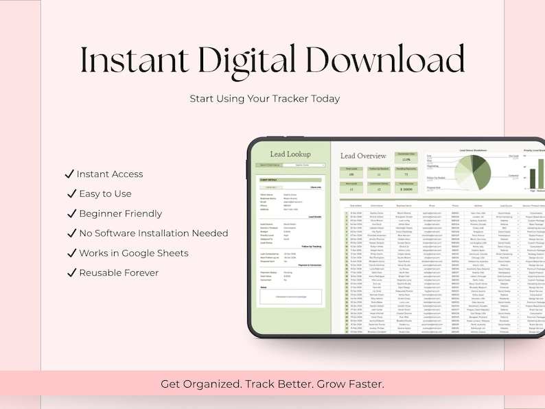 Op de afbeelding: Digitale downloadafbeelding met de tekst "Directe digitale download" en "Begin vandaag nog met het gebruiken van uw tracker". Een digitale tracker wordt weergegeven op een tablet. De tekst geeft functies weer: Directe toegang, Gemakkelijk te gebruiken, Beginner-vriendelijk, Geen software-installatie vereist, Werkt in Google Sheets en Herbruikbaar voor altijd.