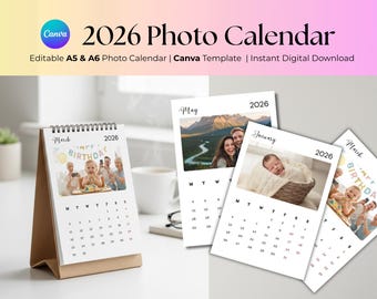 Plantilla de calendario fotográfico mensual 2026. Calendario fotográfico personalizado. Canva. Editable. Imprimible. Diseño minimalista. Descarga digital.