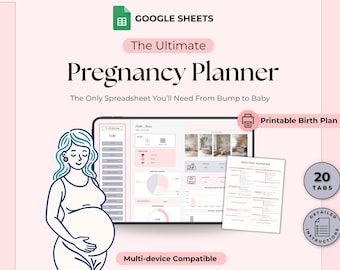 Planificador digital definitivo de embarazo Hojas de cálculo de Google Diario de embarazo para mamás primerizas Plan de parto para baby shower Planificador de posparto y registro