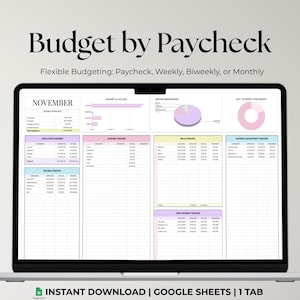 Google Sheets Monthly Budget Planner Spreadsheet Biweekly Weekly Paycheck Expense Tracker Simple Finance Digital Template Pastel Dashboard