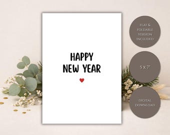 Tarjeta de Año Nuevo imprimible, diseño minimalista, 5x7, plana y plegable, sencilla, elegante, moderna, tarjeta de felicitación de Año Nuevo, descarga digital instantánea.