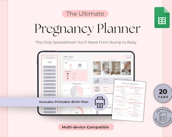 Digitale zwangerschapsplanner Google Spreadsheets-spreadsheet Nieuwe moeder zwangerschapsdagboek Afdrukbaar geboorteplan Postpartum- en registerplanner